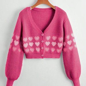 Hot Pink Heart Pattern Lantern Sleeve Crop Knit Cardigan Size S V Neck Cute Y2K